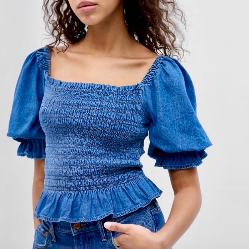Gap Indigo Smocked Puff Sleeve Blouse